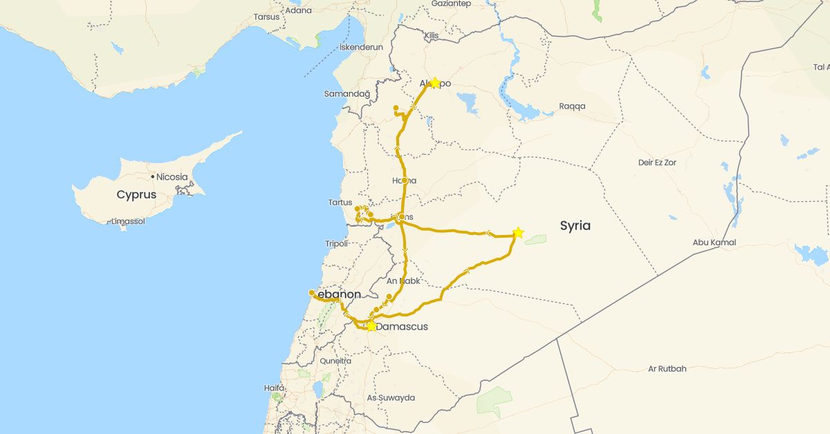 TravelMap itinerary: driving in Lebanon, Syria (Asia)