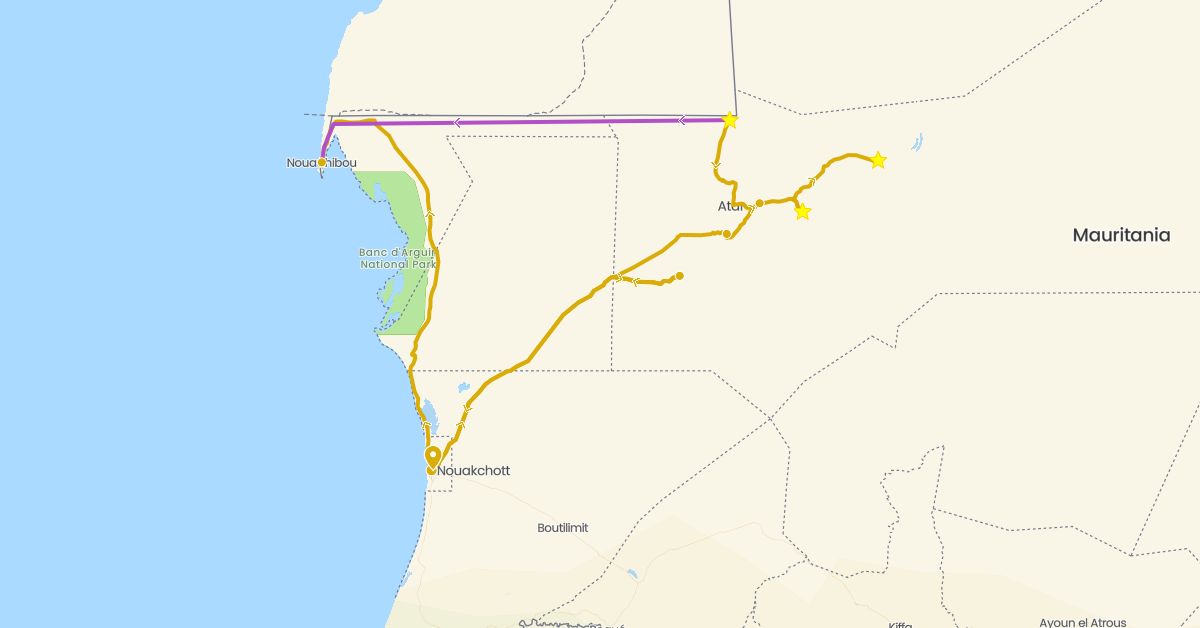 TravelMap itinerary: train, driving in Mauritania (Africa)