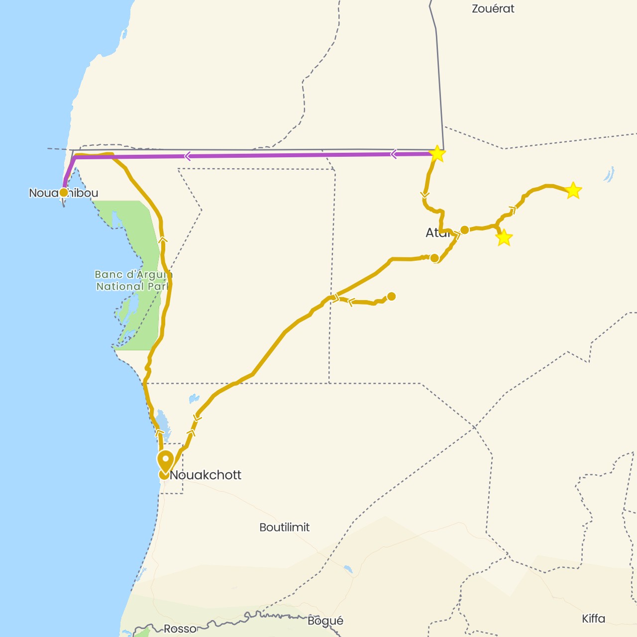 TravelMap itinerary: train, driving in Mauritania (Africa)