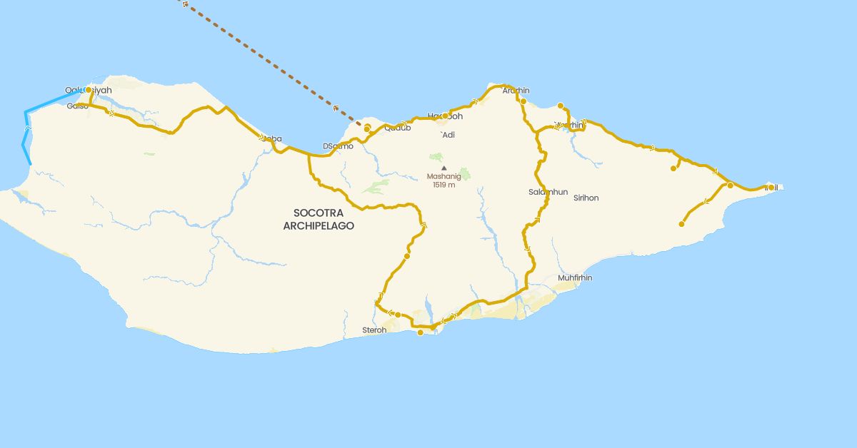 TravelMap itinerary: boat, driving, flight in Saudi Arabia, Yemen (Asia)