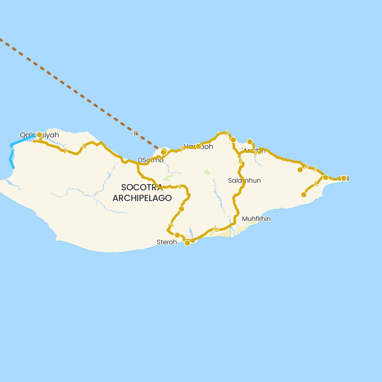 TravelMap itinerary: boat, driving, flight in Saudi Arabia, Yemen (Asia)