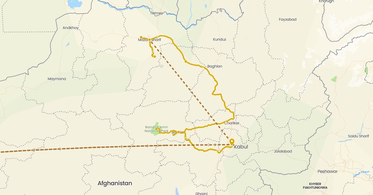 TravelMap itinerary: driving, flight in Afghanistan (Asia)