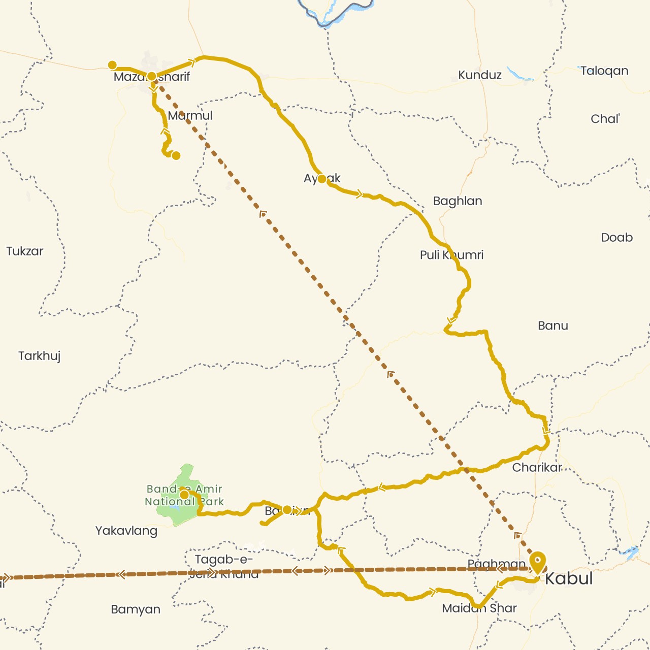 TravelMap itinerary: driving, flight in Afghanistan (Asia)
