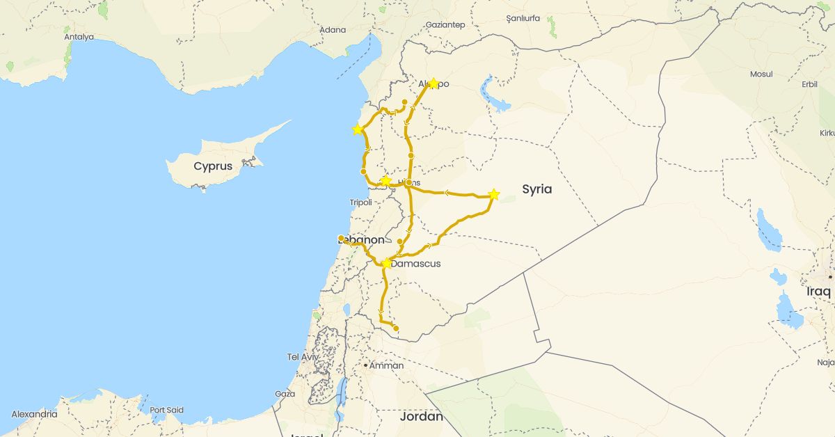 TravelMap itinerary: driving in Lebanon, Syria (Asia)
