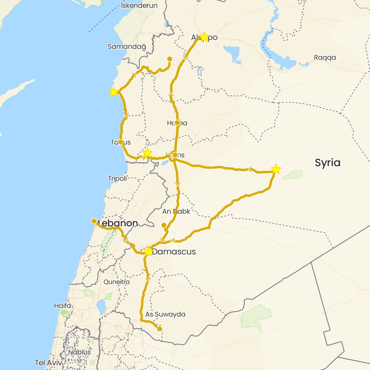 TravelMap itinerary: driving in Lebanon, Syria (Asia)