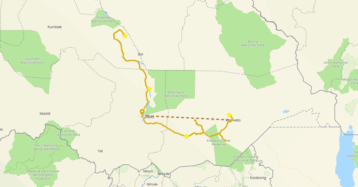 TravelMap itinerary: driving, flight in South Sudan (Africa)