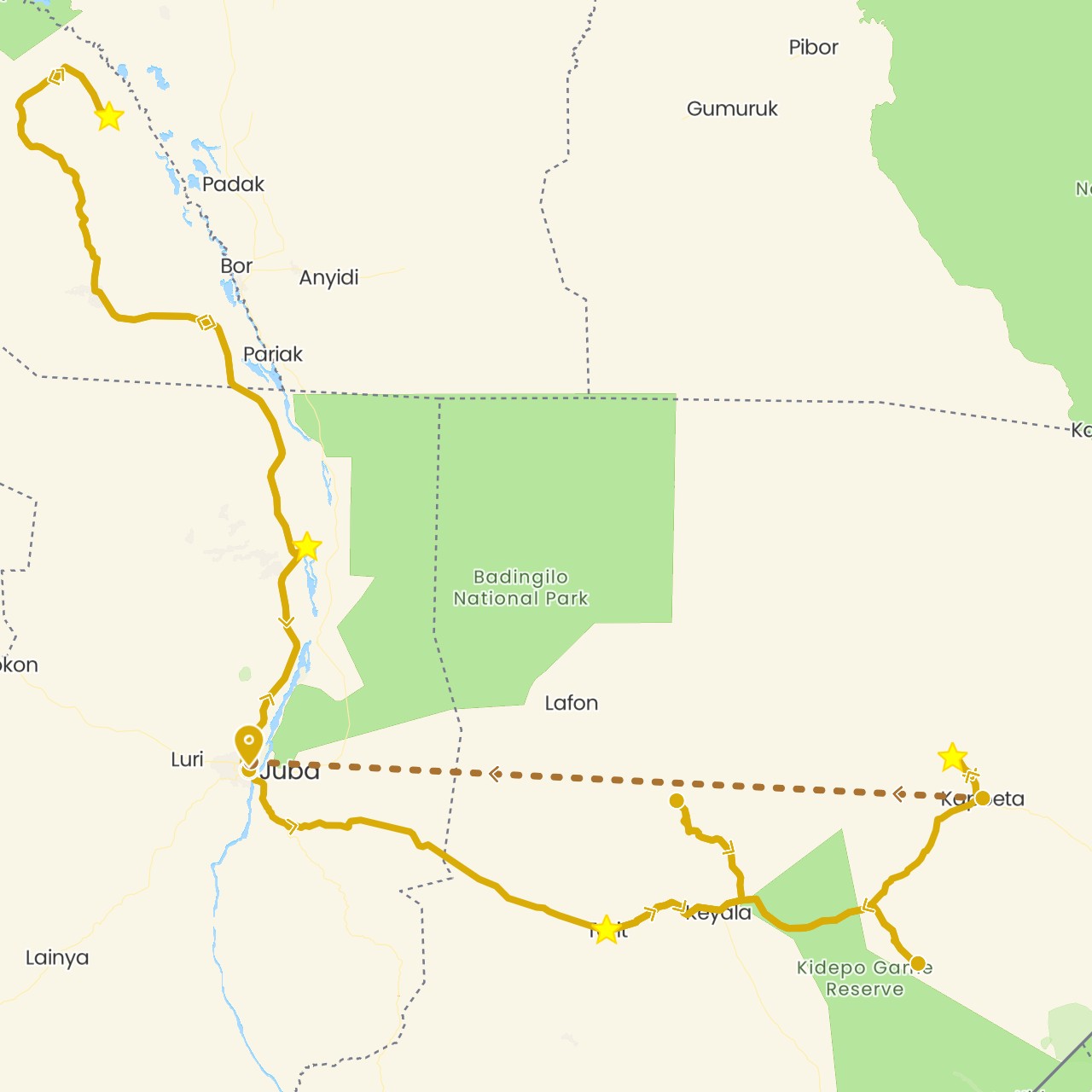 TravelMap itinerary: driving, flight in South Sudan (Africa)