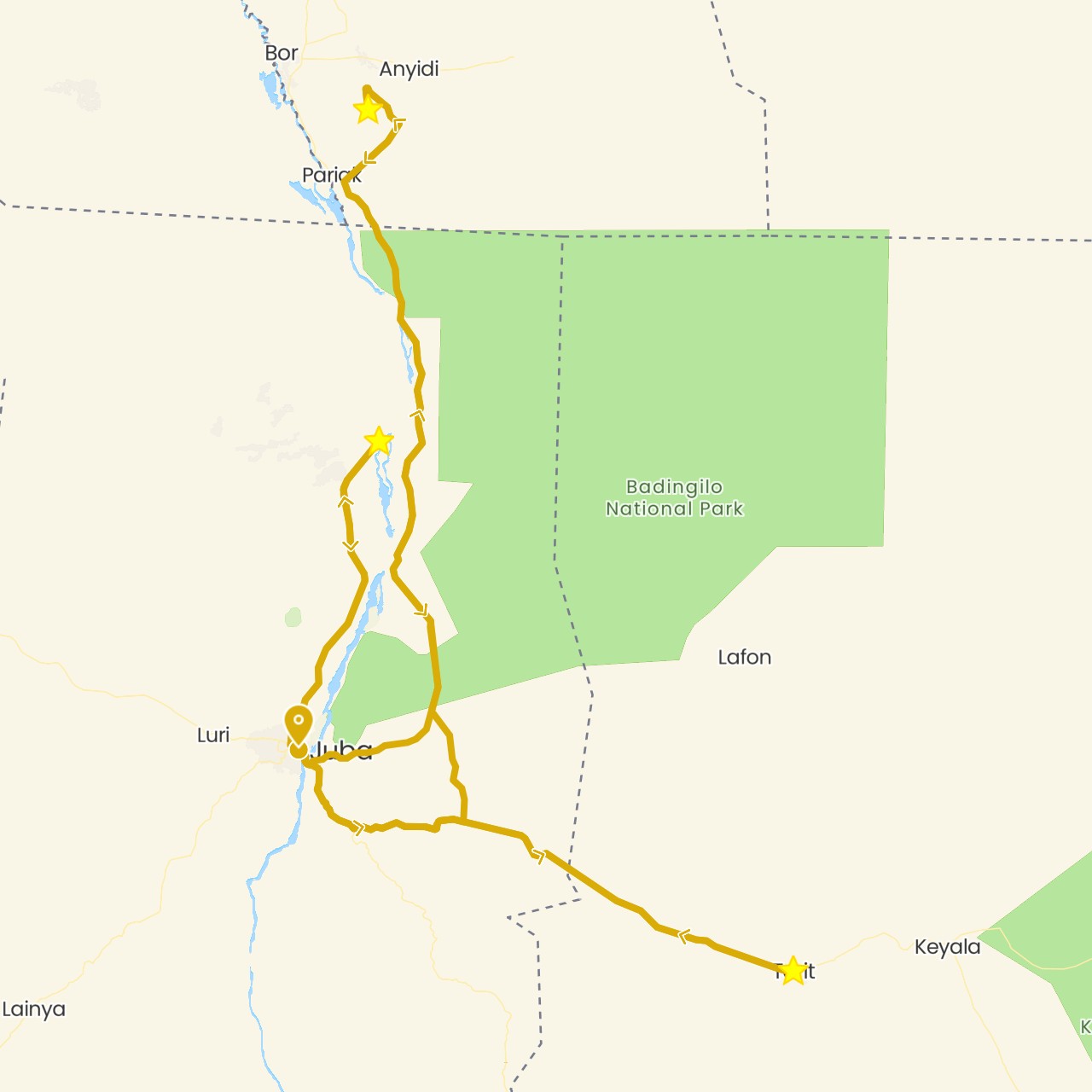 TravelMap itinerary: driving in South Sudan (Africa)