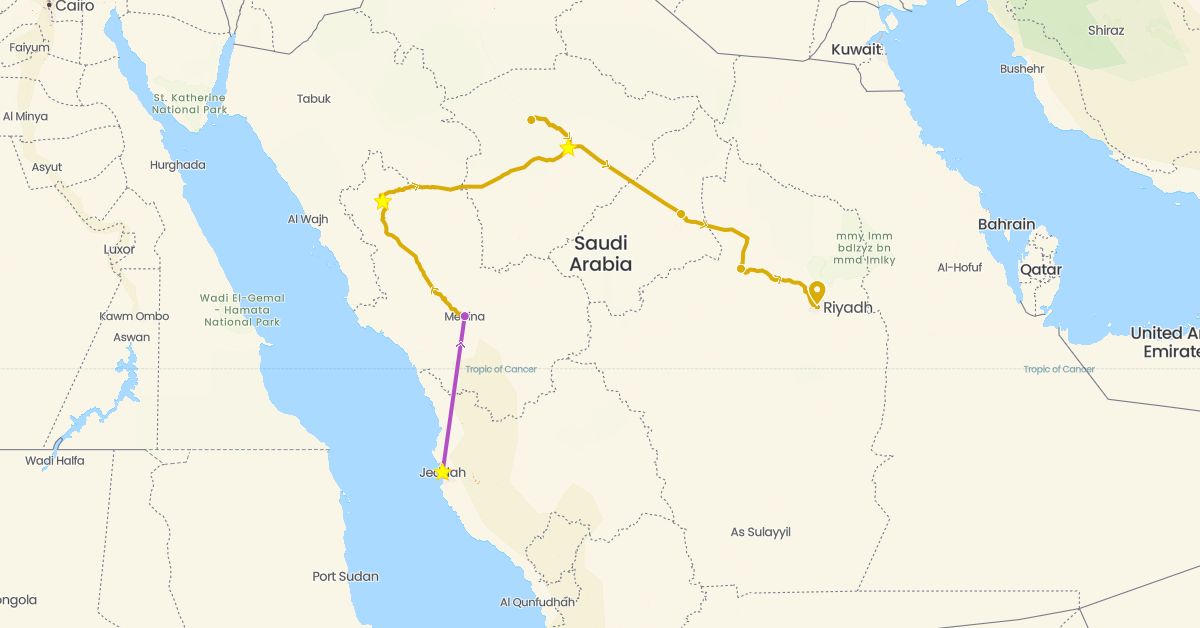 TravelMap itinerary: train, driving in Saudi Arabia (Asia)