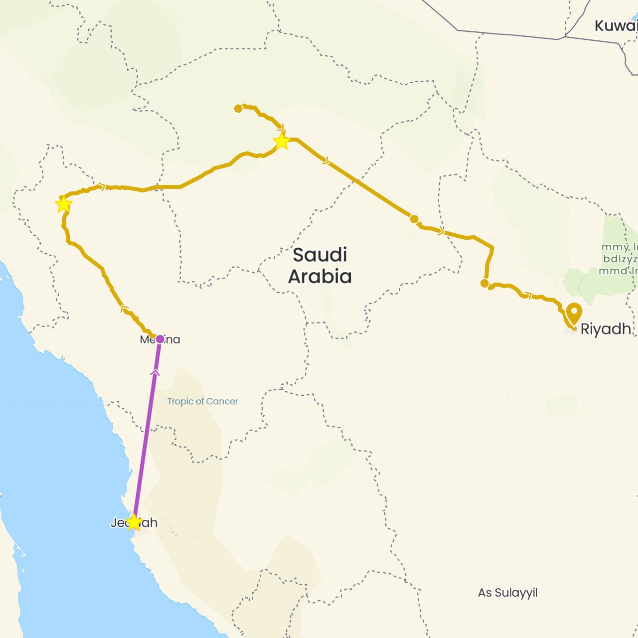 TravelMap itinerary: train, driving in Saudi Arabia (Asia)