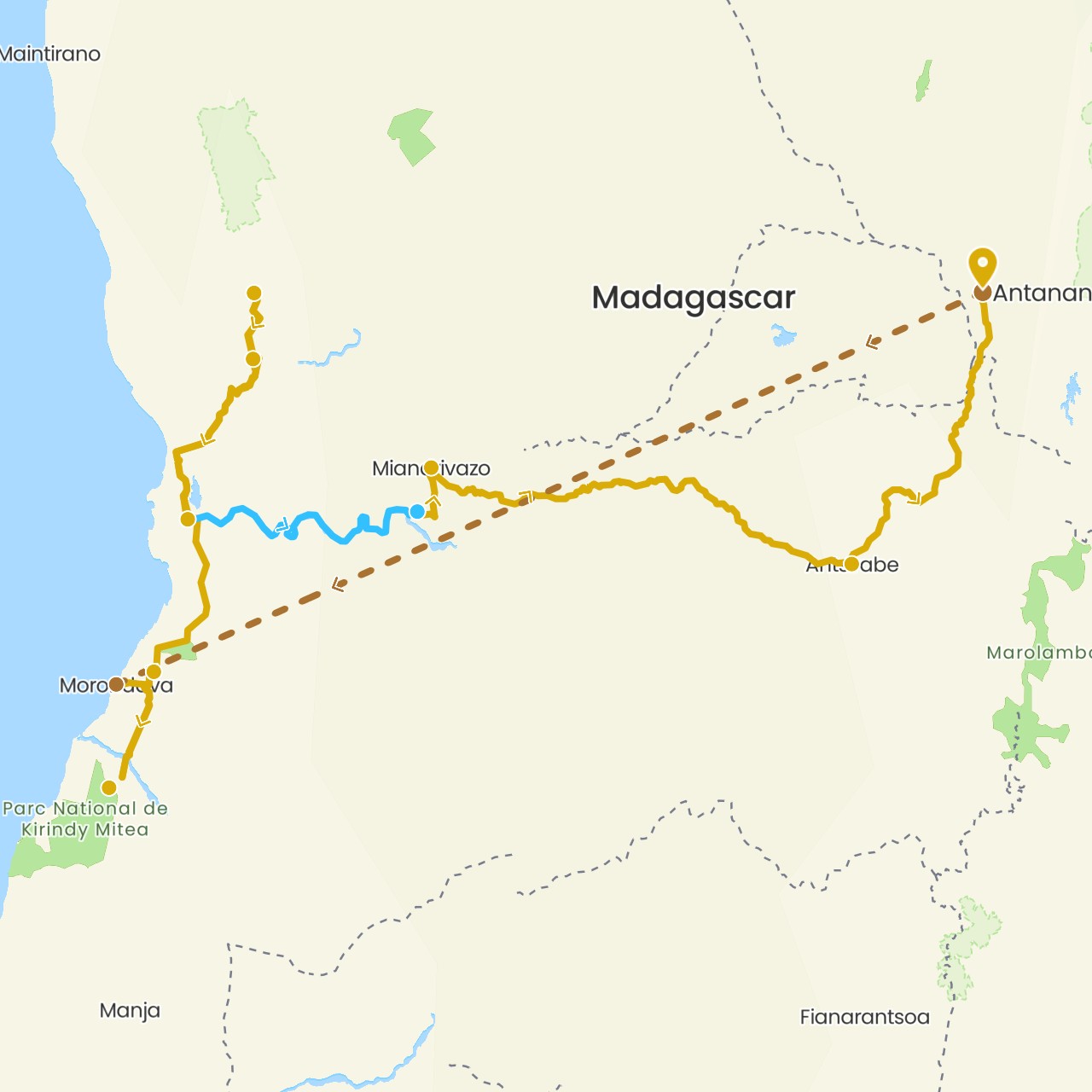 TravelMap itinerary: boat, driving, flight in Madagascar (Africa)