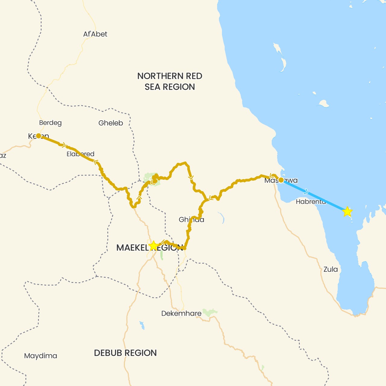 TravelMap itinerary: boat, driving in Eritrea (Africa)