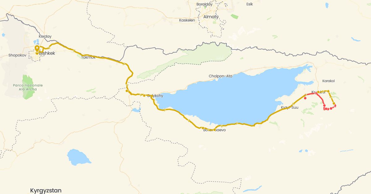 TravelMap itinerary: hiking, driving in Kyrgyzstan (Asia)