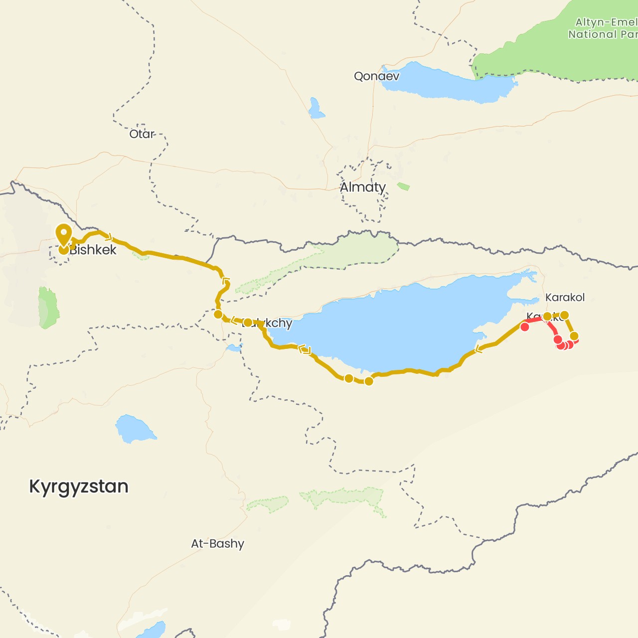 TravelMap itinerary: hiking, driving in Kyrgyzstan (Asia)
