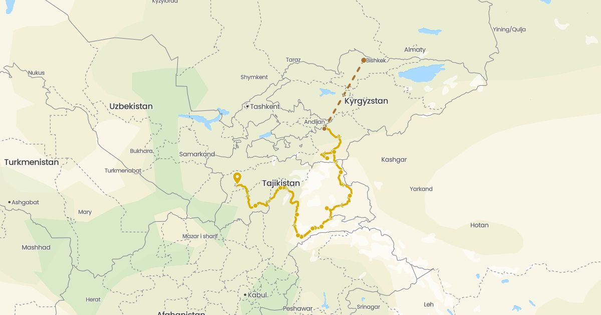 TravelMap itinerary: driving, flight in Kyrgyzstan, Tajikistan (Asia)