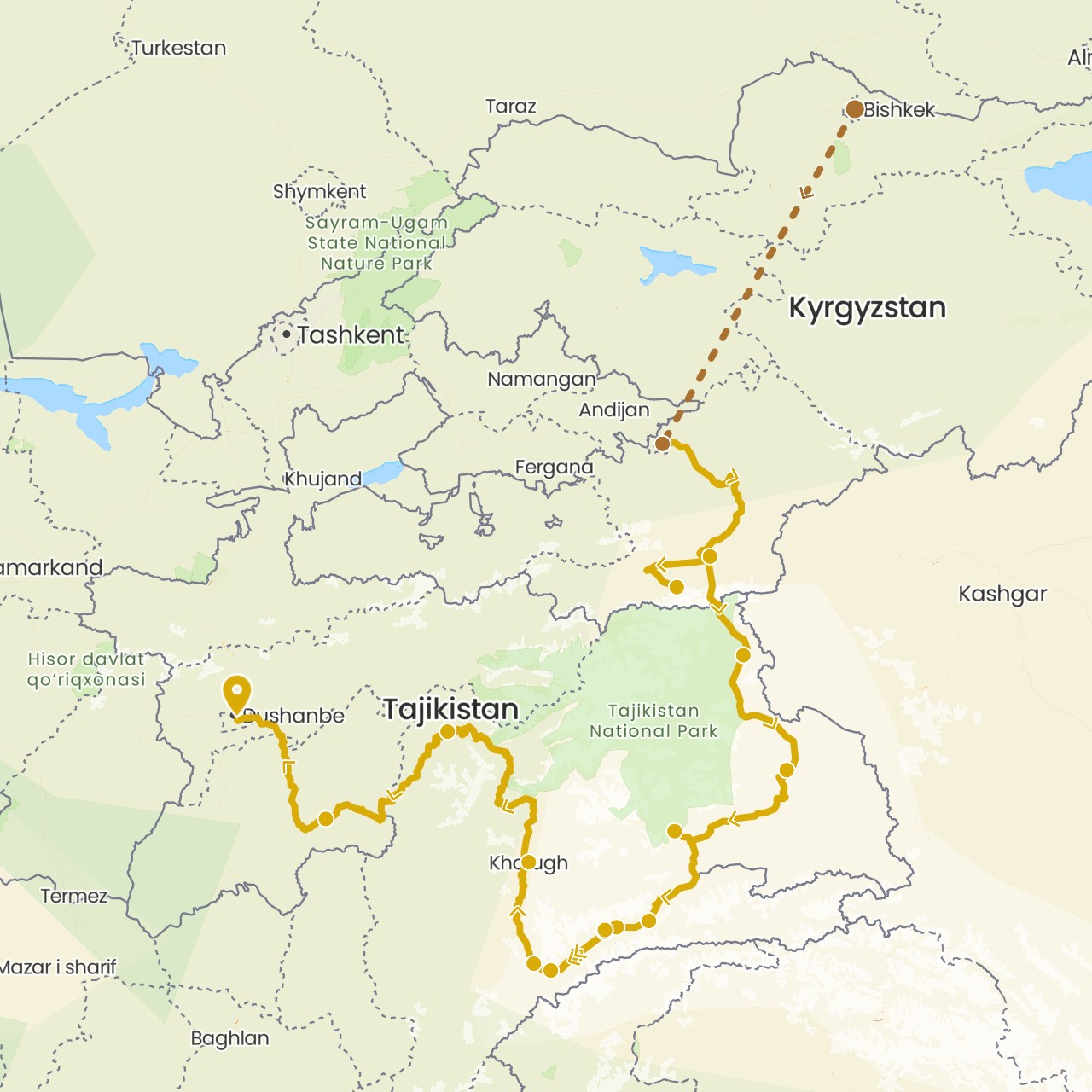 TravelMap itinerary: driving, flight in Kyrgyzstan, Tajikistan (Asia)
