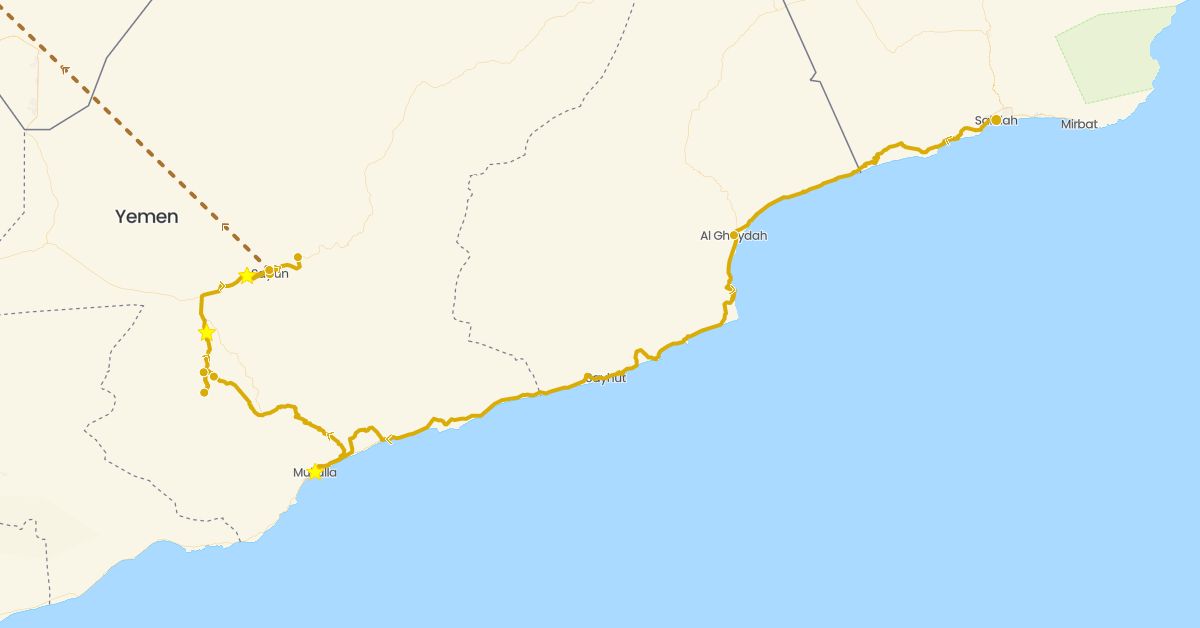 TravelMap itinerary: driving, flight in Egypt, Oman, Yemen (Africa, Asia)