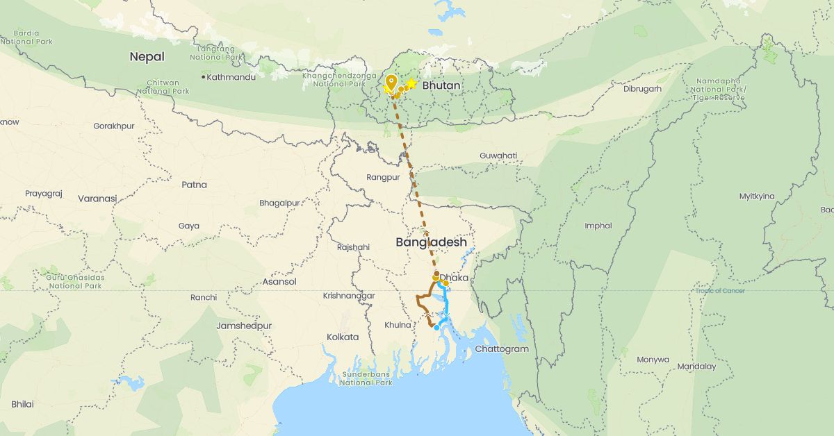 TravelMap itinerary: hiking, boat, driving, flight in Bangladesh, Bhutan (Asia)