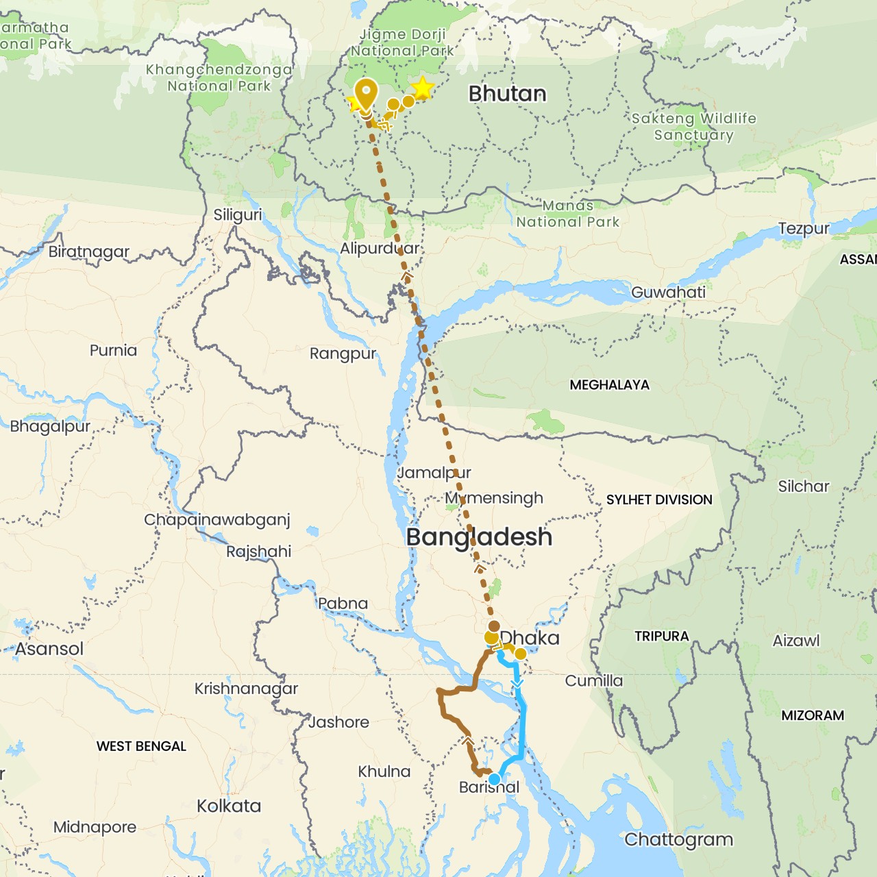 TravelMap itinerary: hiking, boat, driving, flight in Bangladesh, Bhutan (Asia)