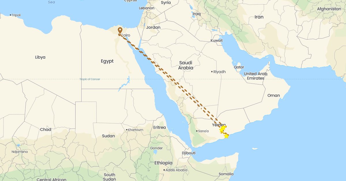 TravelMap itinerary: driving, flight in Egypt, Yemen (Africa, Asia)